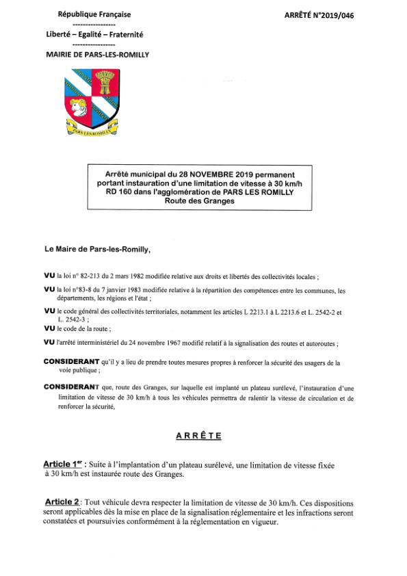 Arrêté municipal 2019-046 limitation vitesse 30 km/h route des Granges