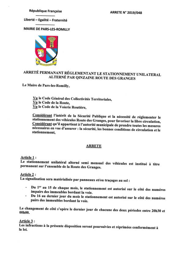 Arrêté municipal 2019-048 réglementation stationnement alterné route des Granges
